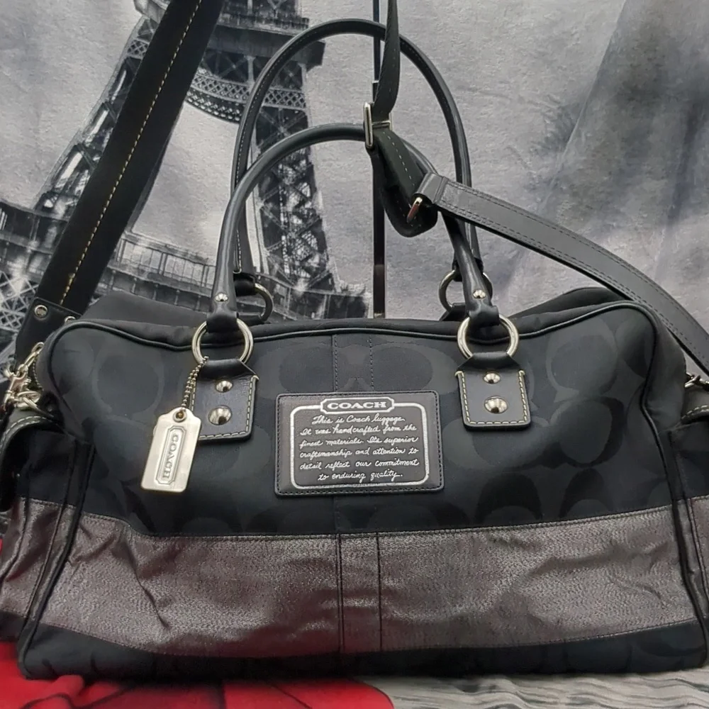 Coach Logo 2 Way Tote Bag duffel Charm Canvas LeatherF06K- 10392 - Picture 3 of 16